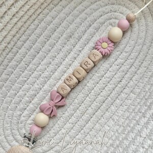 Personalised dummy clip: pink beige crochet flower bow pacifier holder image 6