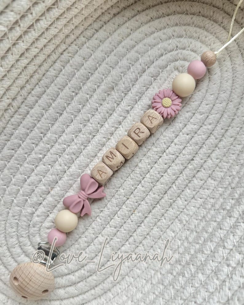 Personalised dummy clip: pink beige crochet flower bow pacifier holder image 6