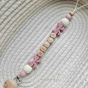 Personalised dummy clip: pink beige crochet flower bow pacifier holder image 4