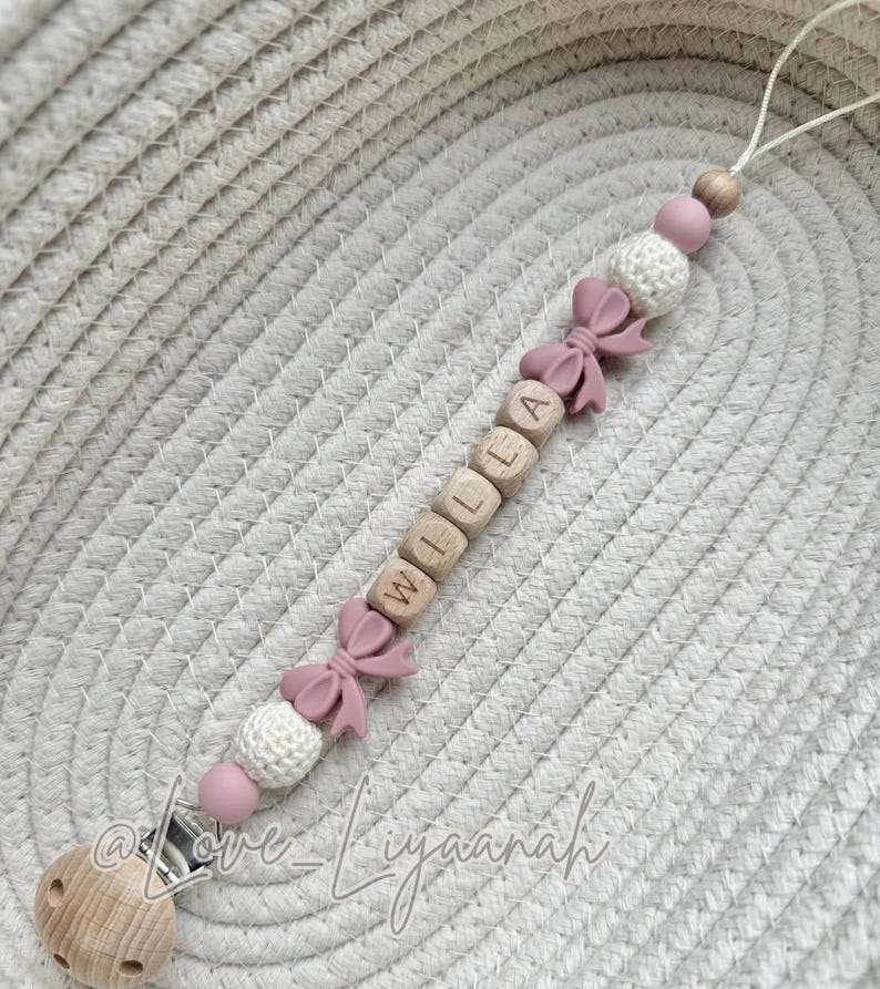Personalised dummy clip: pink beige crochet flower bow pacifier holder image 4