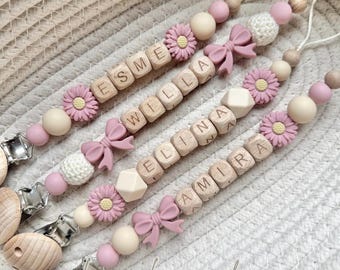 Personalised dummy clip: pink beige crochet flower bow pacifier holder
