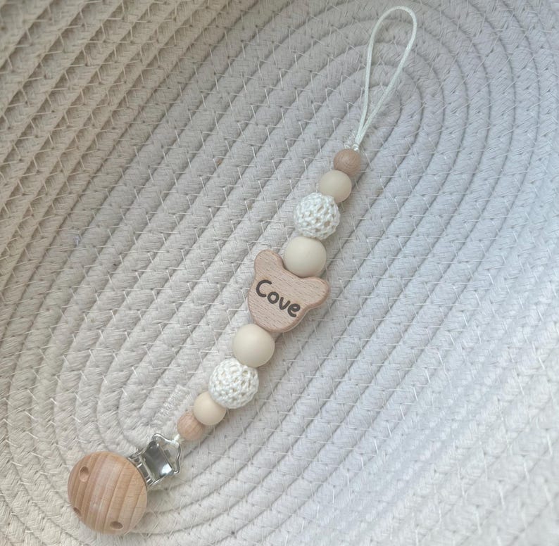 Personalised teddy bear dummy clip: engraved wooden pacifier holder image 5