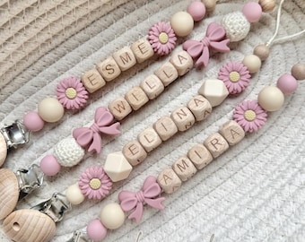 Personalised dummy clip: pink beige crochet flower bow pacifier holder