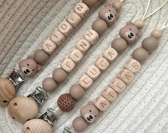 Personalised teddy bear dummy clip: wooden and silicone baby dummy holder neutral newborn gift
