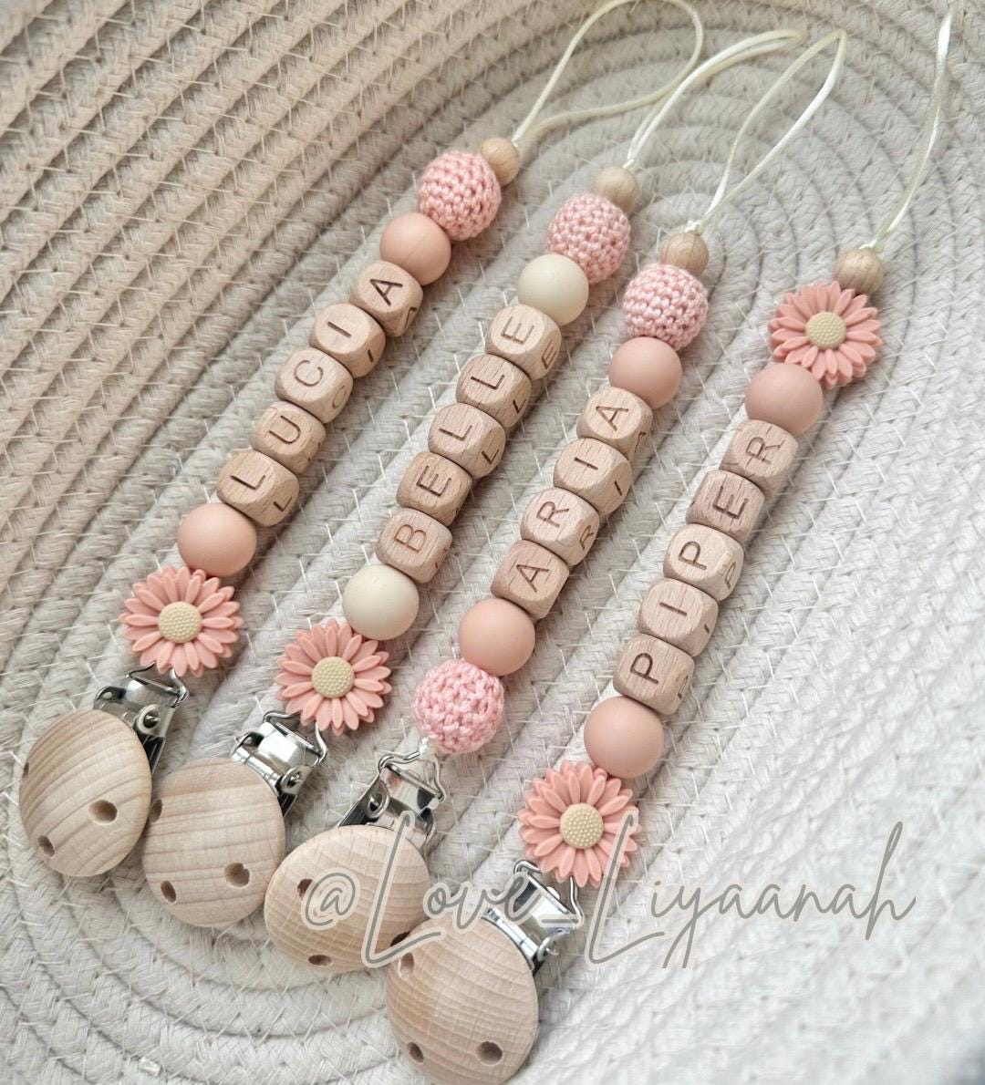 Personalised Flower Daisy Dummy Clip: Peach Crochet Beaded