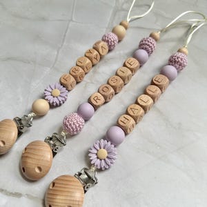 Personalised flower daisy dummy clip: wooden letter silicone pacifier holder