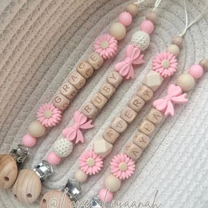 Attache-tétine personnalisée en perles crochetées : Rose Beige Marguerite Nœud Porte-tétine