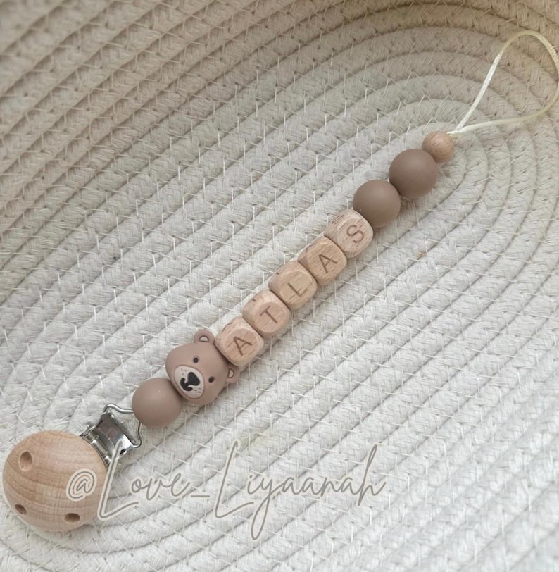 Personalised teddy bear dummy clip: wooden and silicone baby dummy holder neutral newborn gift Atlas