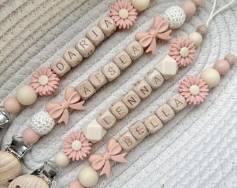 Personalised Crochet Flower Dummy Clip: Peach Beige Baby Girl Pacifier Holder