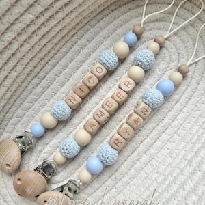 Personalised baby dummy clip: blue and beige crochet bead soother chain