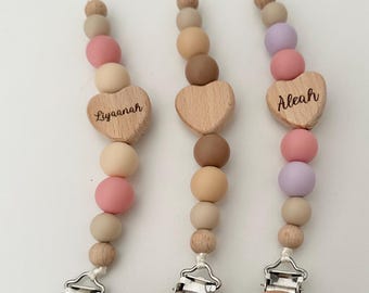 Personalised Silicone Beaded Dummy Clip: Engraved Heart, Carved Wood