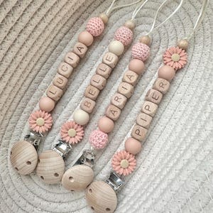 Personalised Dummy Clip Flower Daisy - Wooden Letter - Peach - Silicone Crochet Beaded - Dummy Holder - Customised  - Pacifier clip -