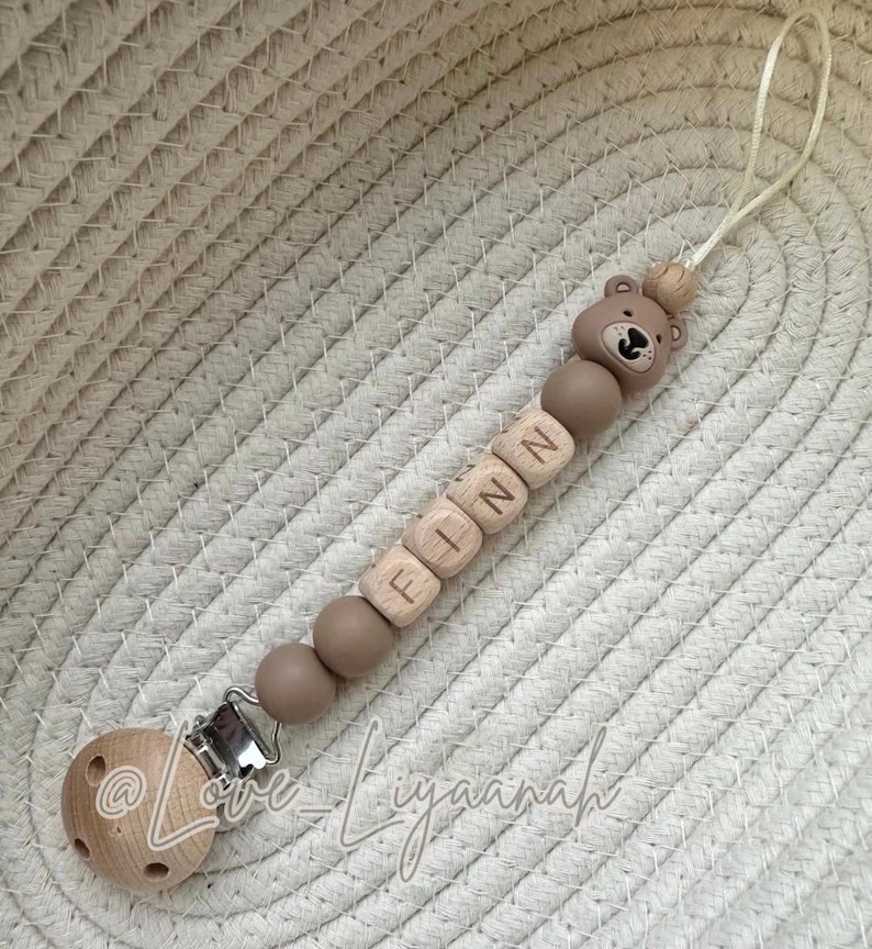 Personalised teddy bear dummy clip: wooden and silicone baby dummy holder neutral newborn gift Finn