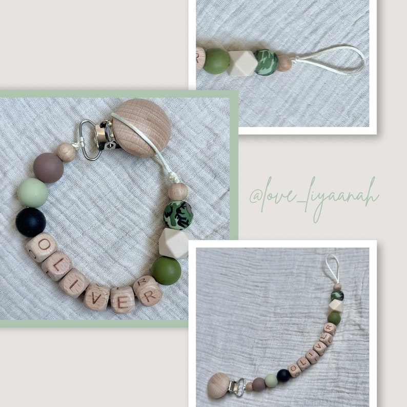 Personalised Dummy Clip Boys, Khaki Camo Bead, Baby Boy, Wooden Letter