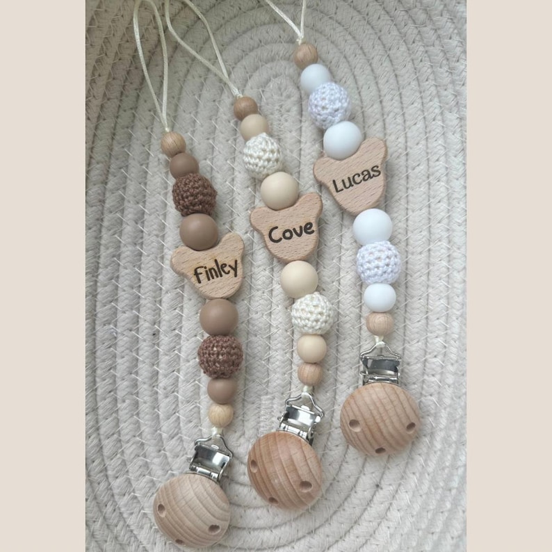 Personalised teddy bear dummy clip: engraved wooden pacifier holder image 1