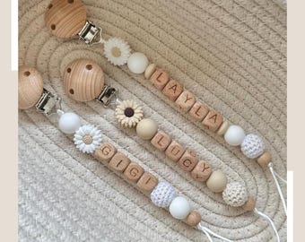 Personalised flower daisy dummy clip: wooden letter silicone pacifier chain