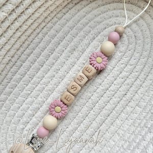 Personalised dummy clip: pink beige crochet flower bow pacifier holder image 5