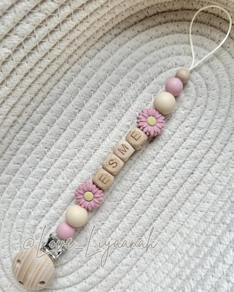 Personalised dummy clip: pink beige crochet flower bow pacifier holder image 5