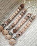 Personalised teddy bear dummy clip: wooden and silicone baby dummy holder neutral newborn gift product logo