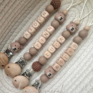 Personalised teddy bear dummy clip: wooden and silicone baby dummy holder neutral newborn gift image 1