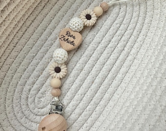 Personalised flower daisy dummy clip: engraved wood bead pacifier chain