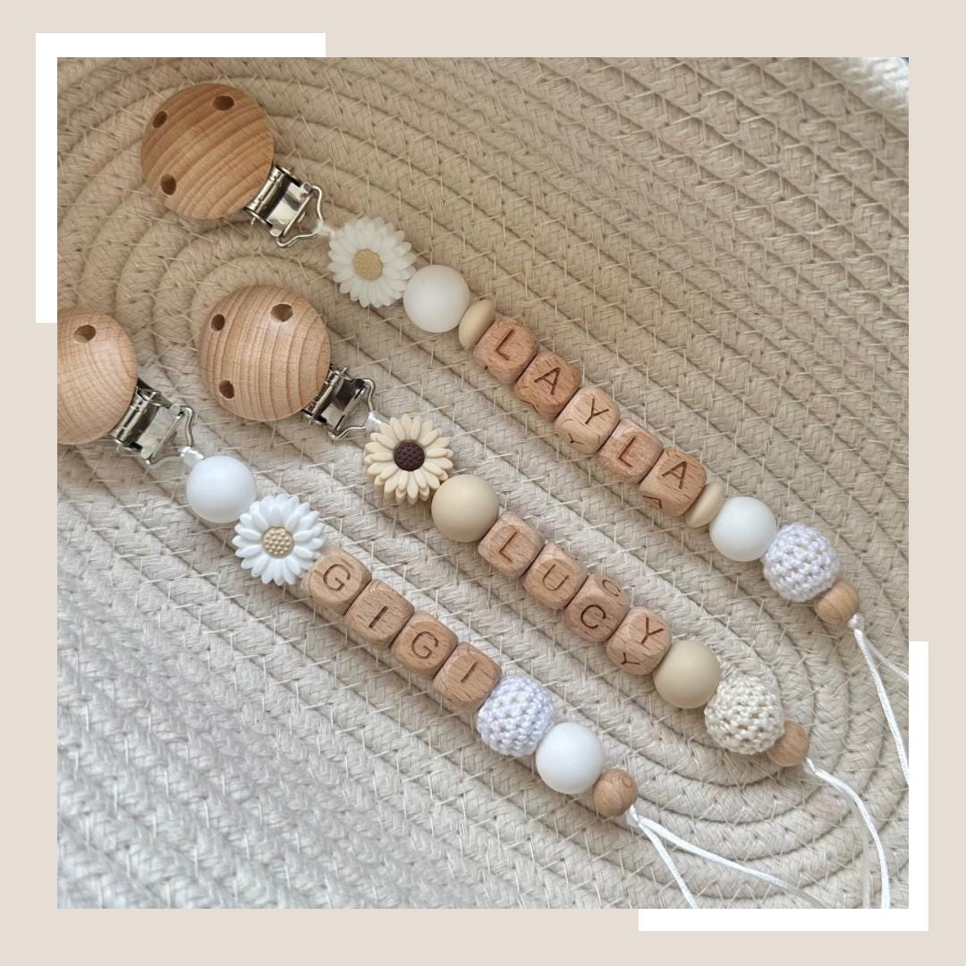 Personalised Flower Daisy Dummy Clip: Wooden Letter Silicone