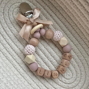 Pram Charm Personalised Baby Gift, Hanging Pram Chain, Pushchair Charm, Pushchair Chain, Crochet Beaded, Dusty Pink and Beige