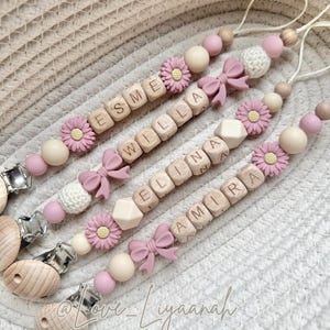 Personalised dummy clip: pink beige crochet flower bow pacifier holder