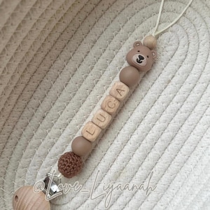 Personalised teddy bear dummy clip: wooden and silicone baby dummy holder neutral newborn gift Luca