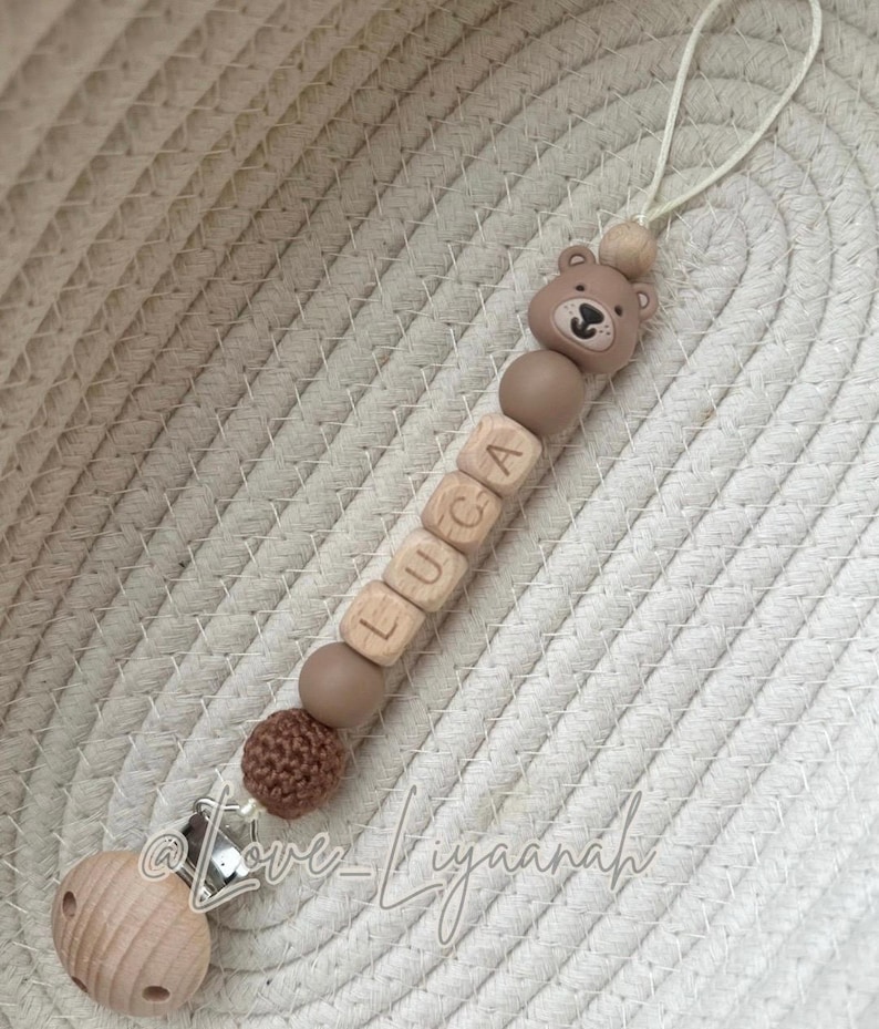 Personalised teddy bear dummy clip: wooden and silicone baby dummy holder neutral newborn gift Luca