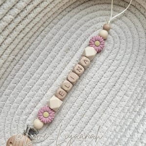 Personalised dummy clip: pink beige crochet flower bow pacifier holder image 3