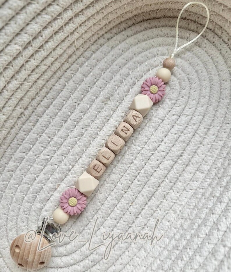 Personalised dummy clip: pink beige crochet flower bow pacifier holder image 3