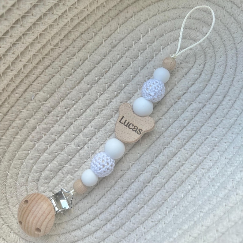 Personalised teddy bear dummy clip: engraved wooden pacifier holder image 4