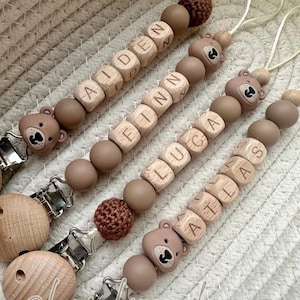 Personalised teddy bear dummy clip: wooden and silicone baby dummy holder neutral newborn gift image 2
