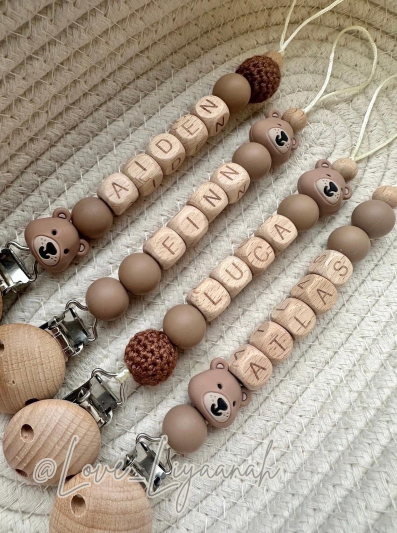 Personalised teddy bear dummy clip: wooden and silicone baby dummy holder neutral newborn gift image 2
