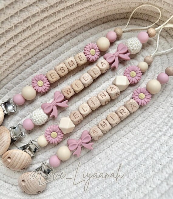 Personalised dummy clip: pink beige crochet flower bow pacifier holder
