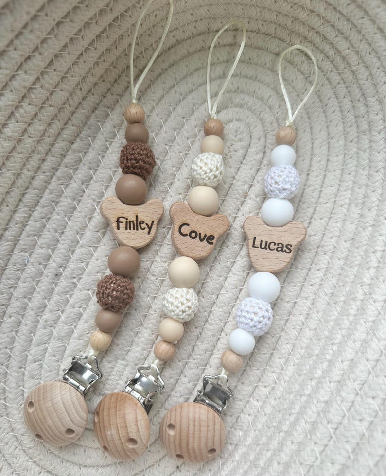 Personalised teddy bear dummy clip: engraved wooden pacifier holder image 8