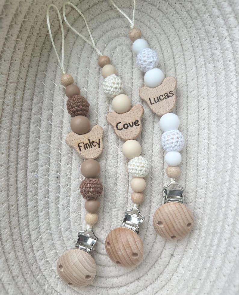 Personalised teddy bear dummy clip: engraved wooden pacifier holder image 9