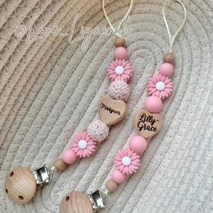 Personalised pink daisy dummy clip: engraved wooden heart, crochet