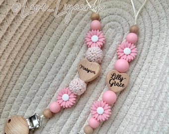 Personalised pink daisy dummy clip: engraved wooden heart, crochet