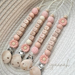 Personalised flower daisy dummy clip: peach crochet beaded pacifier holder