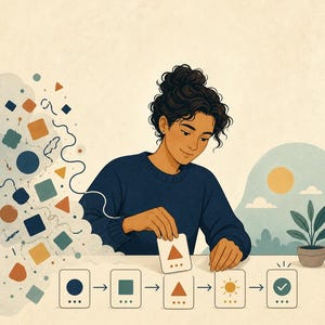 May include: A person in a dark blue sweater arranges a sequence of five white cards on a table. The cards display a blue circle, a green square, an orange triangle, a yellow sun, and a green checkmark, connected by arrows.