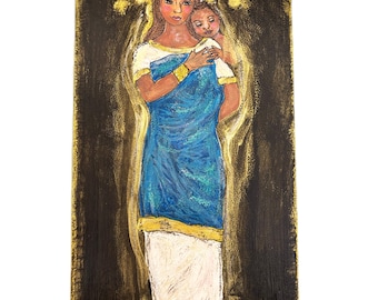 Our Lady of Bisila - Large Mixed Media Painting: Original Art on Wood 8 x 15.75  inches