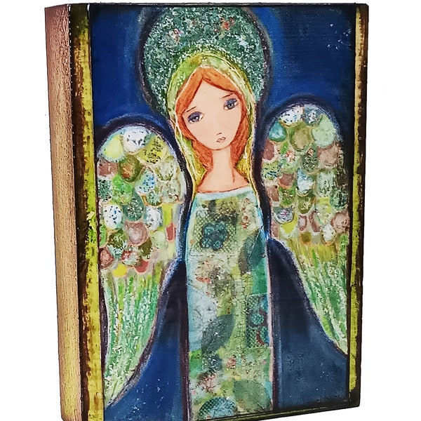 Angel Verde - Aceo giglee print mounted on wood 2.5 x 3.5 inches