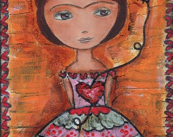Frida with Hearts - Aceo giglee print mounted on wood 2.5 x 3.5 inches