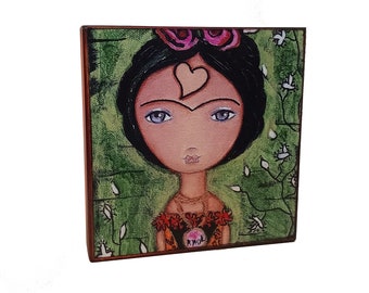 Frida- Thinking of You - Giglee print mounted on wood 4 x 4 inches