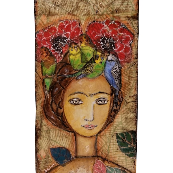 Frida with Parrots Art Print 5 x 10 inches