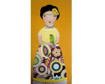 Frida with Parrot Art Print 5 x 10 inches