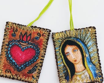 Virgem de Guadalupe - Escapulário - Feito à mão - Arte Original de Flor Larios