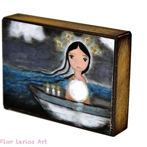 Sailing with the Moon - Aceo giglee print mounted on wood 2.5 x 3.5 inches